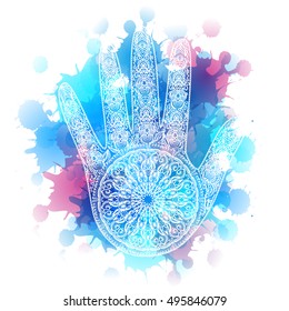 mandala on a palm on a blue background. vector illustration in oriental style