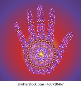 mandala on a palm on a purple background. vector illustration in oriental style