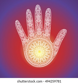 mandala on a palm on a purple background. vector illustration in oriental style