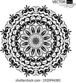 Mandala de fondo blanco. Hermoso patrón redondo. Ornamento oriental. Árabe. Ilustración vectorial.