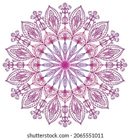 Mandala on white background. Isolated ethnic ornament painted with a gradient in blue, pink and purple tones. Template for tattoo, henna drawing. Round oriental pattern. Vector element. 