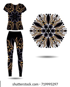 mandala on a women's sports suit, fashion design, leggings with ornament, mandala on a T-shirt, costume, sports trousers