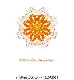 Mandala orange. White background. Beautiful card with text.
