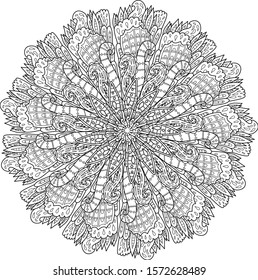 Mandala orient curved pattern curl ethnic adult coloring page book black and white art therapy relax psychology