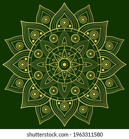 Mandala, oriental ethnic pattern. Oriental, mystic, arabic, alchemy pattern. Vector illustration. Yellow mandala on dark green background