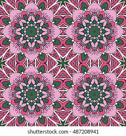 Mandala. Oriental ornament relaxing. Doodle Seamless pattern. Pink and blue tones