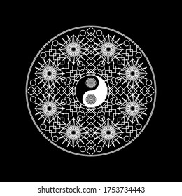 Mandala Oriental Pattern with Yin Yand Sign Outline on Black Background. Line Vector Illustration of Eastern Ornamental Element for Culture, Yoga, Tradition and Meditation