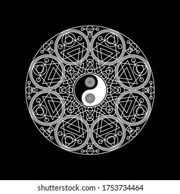 Mandala Oriental Pattern with Yin Yand Sign Outline on Black Background. Line Vector Illustration of Eastern Ornamental Element for Culture, Yoga, Tradition and Meditation