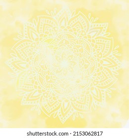 Mandala oriental symbol over yellow watercolor paint brush aquarelle textured paper gradient abstract background. Template backdrop design for yoga, meditation, boho, magic poster, banner.