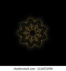 Mandala, Oriental Vector Ornament. Abstract Linear Flower. Indian Flower, ethnic round drawn pattern. Vector circular Geometric illustration on black background.
