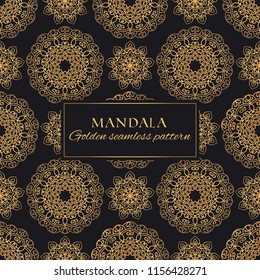 Mandala oriental vector seamless pattern. Luxury ornate background with golden round elements on black background. Premium texture for prints and decor