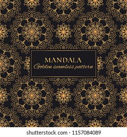 Mandala oriental vector seamless pattern. Luxury ornate background with golden round elements on black background. Premium texture for prints and decor