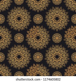 Mandala oriental vector seamless pattern. Luxury ornate background with golden round elements on black background. Premium texture for prints and decor