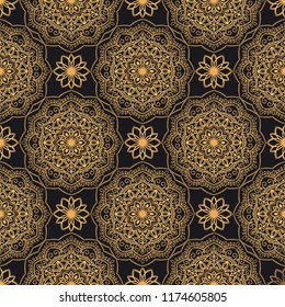 Mandala oriental vector seamless pattern. Luxury ornate background with golden round elements on black background. Premium texture for prints and decor