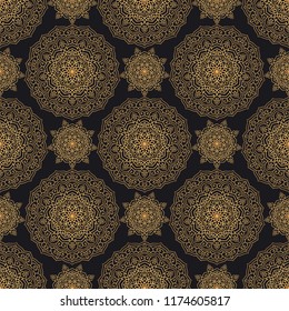 Mandala oriental vector seamless pattern. Luxury ornate background with golden round elements on black background. Premium texture for prints and decor