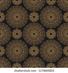 Mandala oriental vector seamless pattern. Luxury ornate background with golden round elements on black background. Premium texture for prints and decor