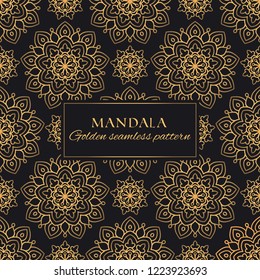 Mandala oriental vector seamless pattern. Luxury ornate background with golden round elements on black background. Premium texture for prints and decor
