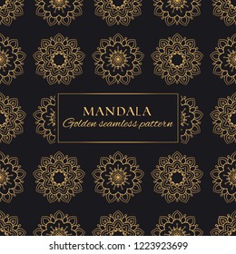 Mandala oriental vector seamless pattern. Luxury ornate background with golden round elements on black background. Premium texture for prints and decor