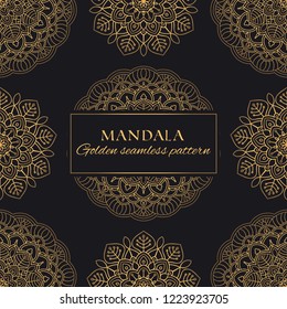 Mandala oriental vector seamless pattern. Luxury ornate background with golden round elements on black background. Premium texture for prints and decor