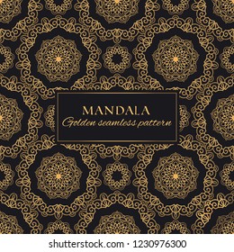 Mandala oriental vector seamless pattern. Luxury ornate background with golden round flower elements on black background. Premium texture for prints and decor