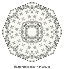 Mandala ornament decoration, eight pointed stylized floral round pattern, isolated design element on a white background. Tribal ethnic arabic, indian, turkish motif. Vector geometric background.