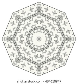 Mandala ornament decoration, eight pointed stylized floral round pattern, isolated design element on a white background. Tribal ethnic arabic, indian, turkish motif. Vector geometric background.