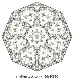 Mandala ornament decoration, eight pointed stylized floral round pattern, isolated design element on a white background. Tribal ethnic arabic, indian, turkish motif. Vector geometric background.