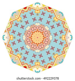 Mandala ornament decoration, eight pointed stylized floral round pattern, isolated colorful design element on a white background. Tribal ethnic arabic, indian, motif. Vector geometric background.