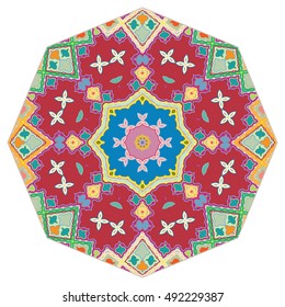 Mandala ornament decoration, eight pointed stylized floral round pattern, isolated colorful design element on a white background. Tribal ethnic arabic, indian, motif. Vector geometric background.