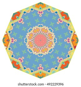 Mandala ornament decoration, eight pointed stylized floral round pattern, isolated colorful design element on a white background. Tribal ethnic arabic, indian, motif. Vector geometric background.
