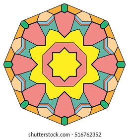 Mandala ornament decoration, eight pointed stylized floral round pattern, isolated colorful design element on a white background. Tribal ethnic arabic, indian, motif. Vector geometric background.