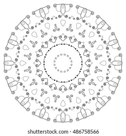 Mandala ornament decoration, stylized floral round pattern, isolated design element, black on a white background. Tribal ethnic arabic, indian, turkish motif. Vector geometric background.