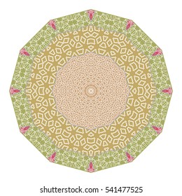 Mandala ornament decoration, stylized floral geometric lace pattern, isolated art design element on a white background. Tribal ethnic arabic, indian, motif. Vector round decor, colorful background