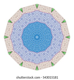 Mandala ornament decoration, stylized floral geometric lace pattern, isolated art design element on a white background. Tribal ethnic arabic, indian, motif. Vector round decor, colorful background