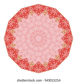 Mandala ornament decoration, stylized floral geometric lace pattern, isolated art design element on a white background. Tribal ethnic arabic, indian, motif. Vector round decor, colorful background