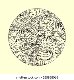 Mandala ornament. Decorative doodles in zentangle style. Vector page template for coloring book.
