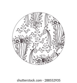 Mandala ornament. Decorative doodles in zentangle style. Vector page template for coloring book.