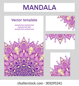 Mandala. Ornament designed in purple and yellow. Round background with many details. East lace motif for the design of invitations, business cards and web. Vector illustration.