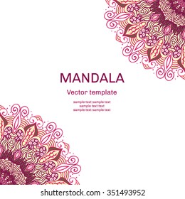 Mandala. Ornament designed in purple and yellow. Round background with many details. East lace motif for the design of invitations, business cards and web. Vector illustration.