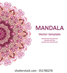 Mandala. Ornament designed in purple and yellow. Round background with many details. East lace motif for the design of invitations, business cards and web. Vector illustration.