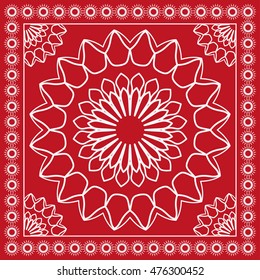 Mandala ornament with frame, geometric pattern, line art. Bandanna shawl fabric print, neck scarf design, vector illustration. Abstract Lace background. Red and white