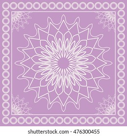 Mandala ornament with frame, geometric pattern, line art. Bandanna shawl fabric print, neck scarf design, vector illustration. Abstract Lace background. Purple and white