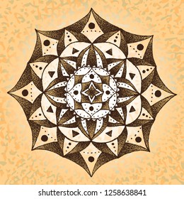 Mandala.  Ornament freehand drawing black pen on old paper