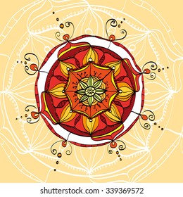Mandala Ornament Freehand vector illustration on orange background. Vintage decorative elements
