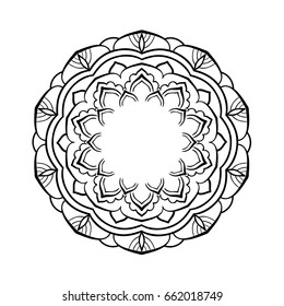 Mandala ornament. Hand drawn round frame . Decorative element  can be used for greeting card, wedding invitation, yoga poster, coloring book.. Doodle emblem.