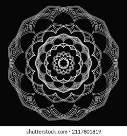 Mandala, ornament on a black background. Vector. Meditation and yoga.