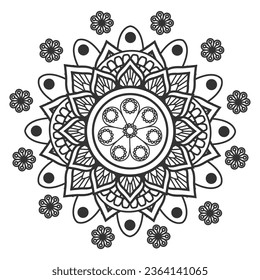 Mandala ornament outline pattern. Indian geometric art graphic. Isolated coloring book page vector illustration.
