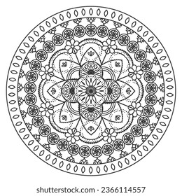 Mandala ornament outline pattern. Indian geometric art graphic. Isolated coloring book page vector illustration.