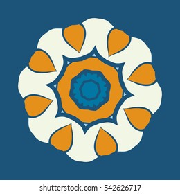 Mandala ornament over blue background. Decorative round ornament for colouring anti-stress therapy. Fabric design elements. Yoga inspired backgrounds meditation poster. Unusual stylized flower shape