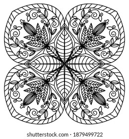 Mandala. Ornament aus Pflanzen. Muster. Doodlen. Farbbuch für Erwachsene und Kinder. Vektorgrafik.